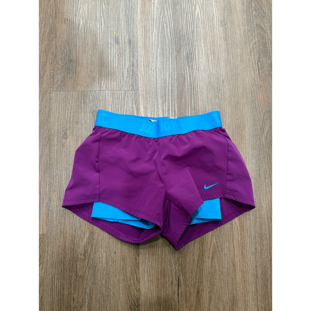 Nike Dri-FIT 2-in-1 Running Shorts Womens XS Purple Blue Just Do It Waistband‎